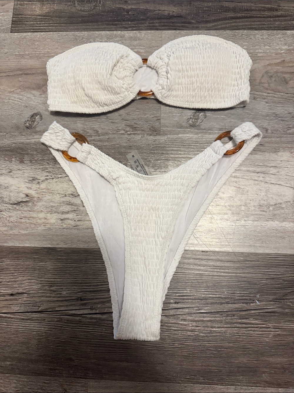 SHEIN White Smocked Bandeau Bikini Set with Ring Details